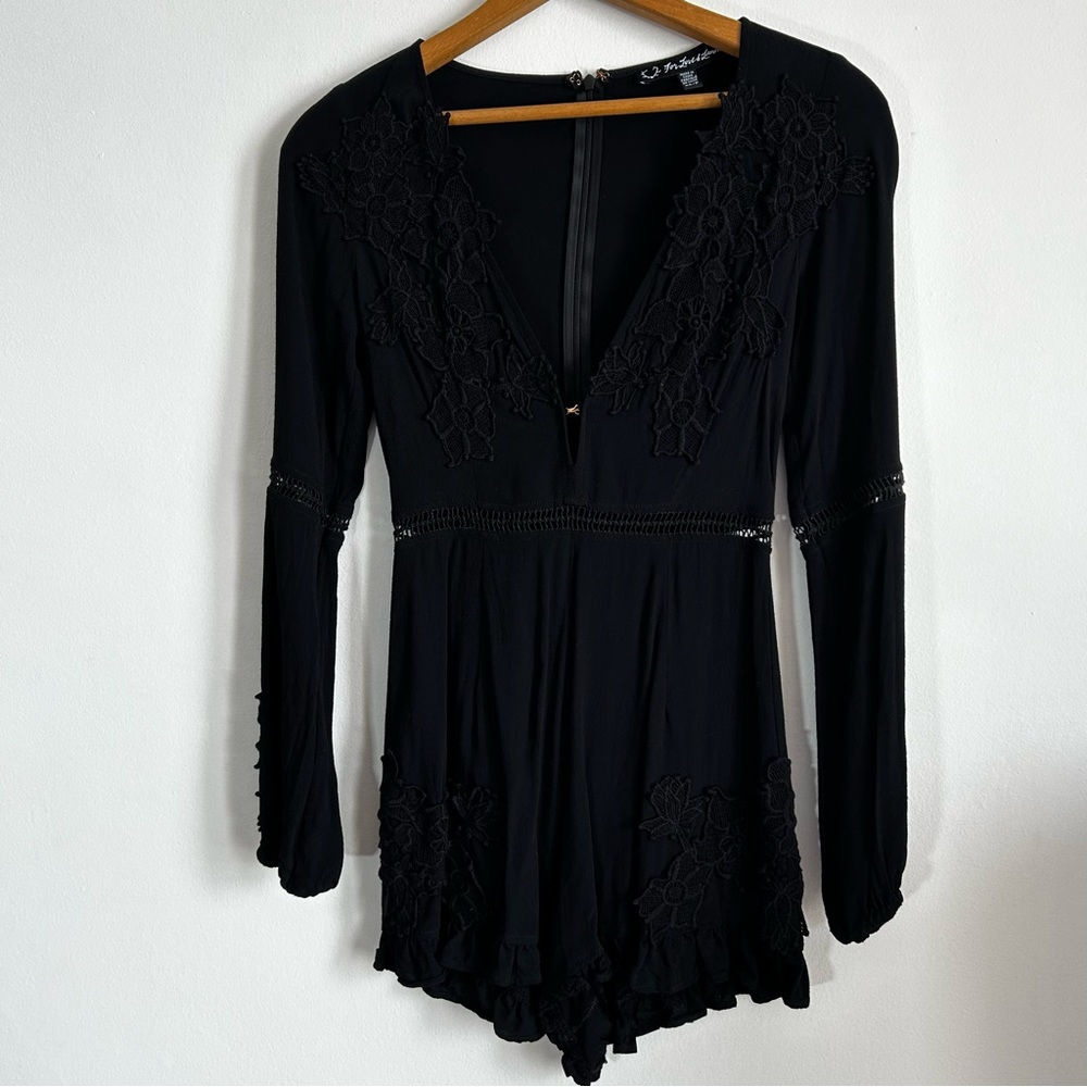 For Love & Lemons Womens Romper XS Black Lilou Floral Applique Viscose